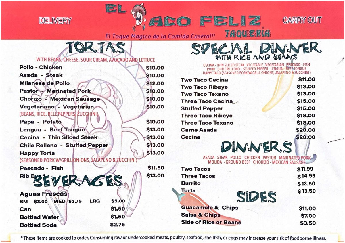Menu from Espro Feliz restaurant displaying tortas, beverages, special dinner options, and sides with prices